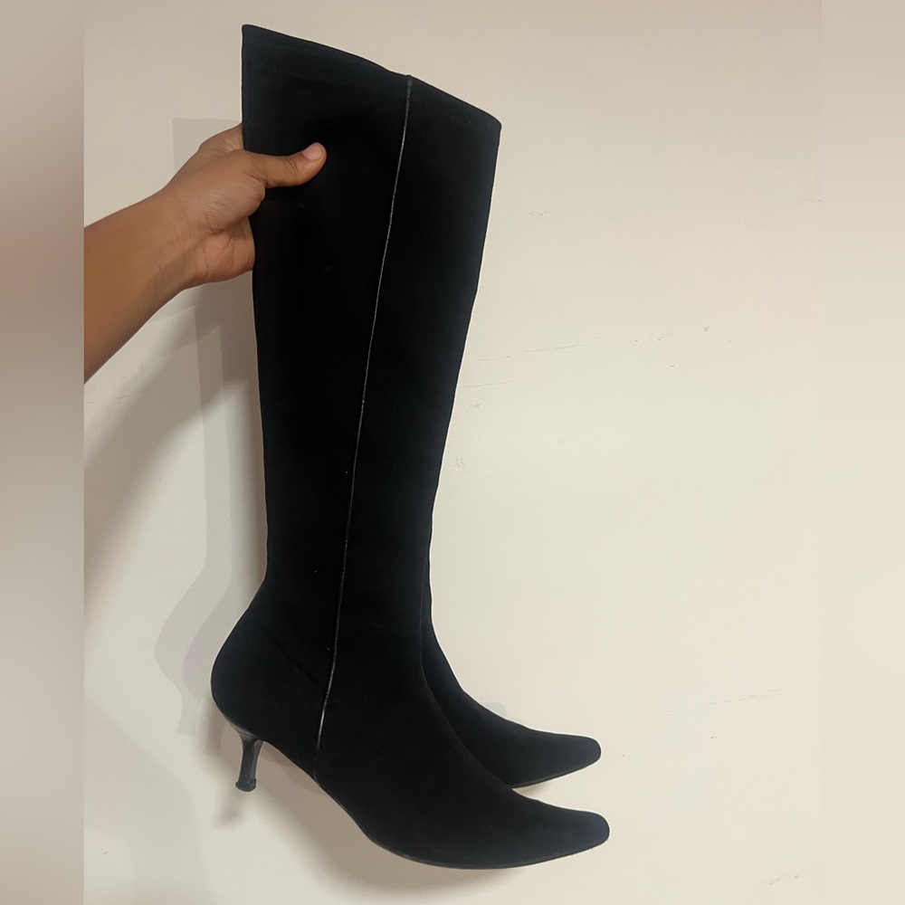Vintage Black knee high sock boots with pointed toe and kitten heel